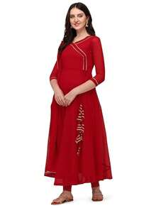 Estationeryhouse Women's Georgette Anarkali Kurta Kurti With Dupatta (Bottoms Not Included) (Red) - Red - View 3