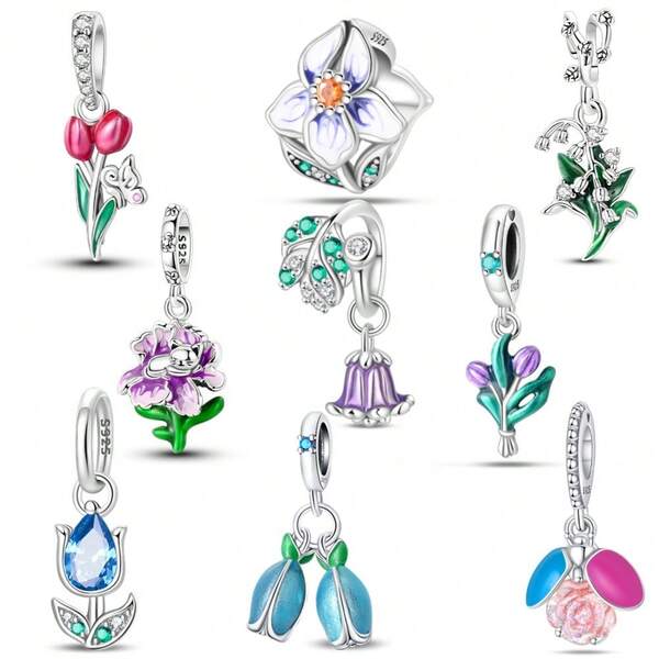 1 pezzo di ciondolo in argento sterling 925 a forma di campanellino blu, ciondolo giglio della valle, perline a forma di stelo di giglio della valle, ciondolo tulipano rosa, ciondolo farfalla tulipano, ciondolo tulipano blu, ciondolo iride, perline a forma di fiore di iride, ciondolo rosa luminescente a cambiamento di colore in base alla temperatura, adatto per la creazione di gioielli fai-da-te, regali per anniversari, gioielli in stile dolce e regali di gioielleria adatti sia per uomini che per donne.