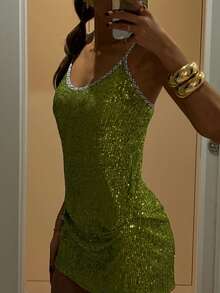 Womens Y2k Spaghetti Strap Sleeveless Open Back Mini Dress Summer Sparkle Sequins Round Neck Short Mini Party Dress For Vacation Cocktail Beach Streetwear - 綠色 - 查看 3