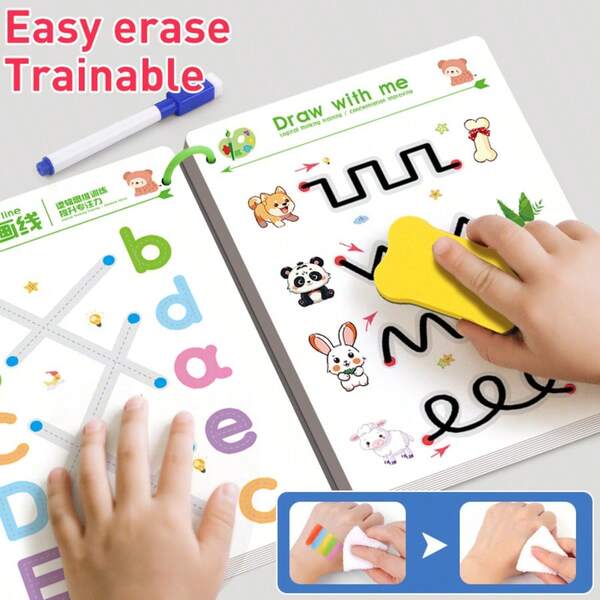 4 conjuntos, 1 conjunto com 48 páginas + 1 caneta, caderno de prática de caligrafia, apagável para crianças, iniciação à educação infantil, caderno de prática de traços básicos, livro de prática de traçado