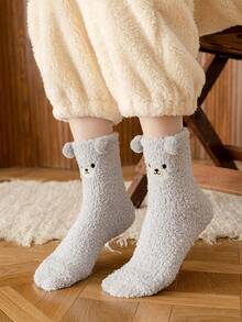 1/5 Pairs White Bear Coral Fleece Socks, Thick Warm Cartoon Socks For Home Wear In Winter, Cozy - Khaki - View 6