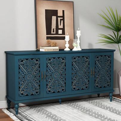 63'' Mid Century Vintage Sideboards Buffets Cabinet With 4 Doors Storage For Kitchen Dining Room, Blue