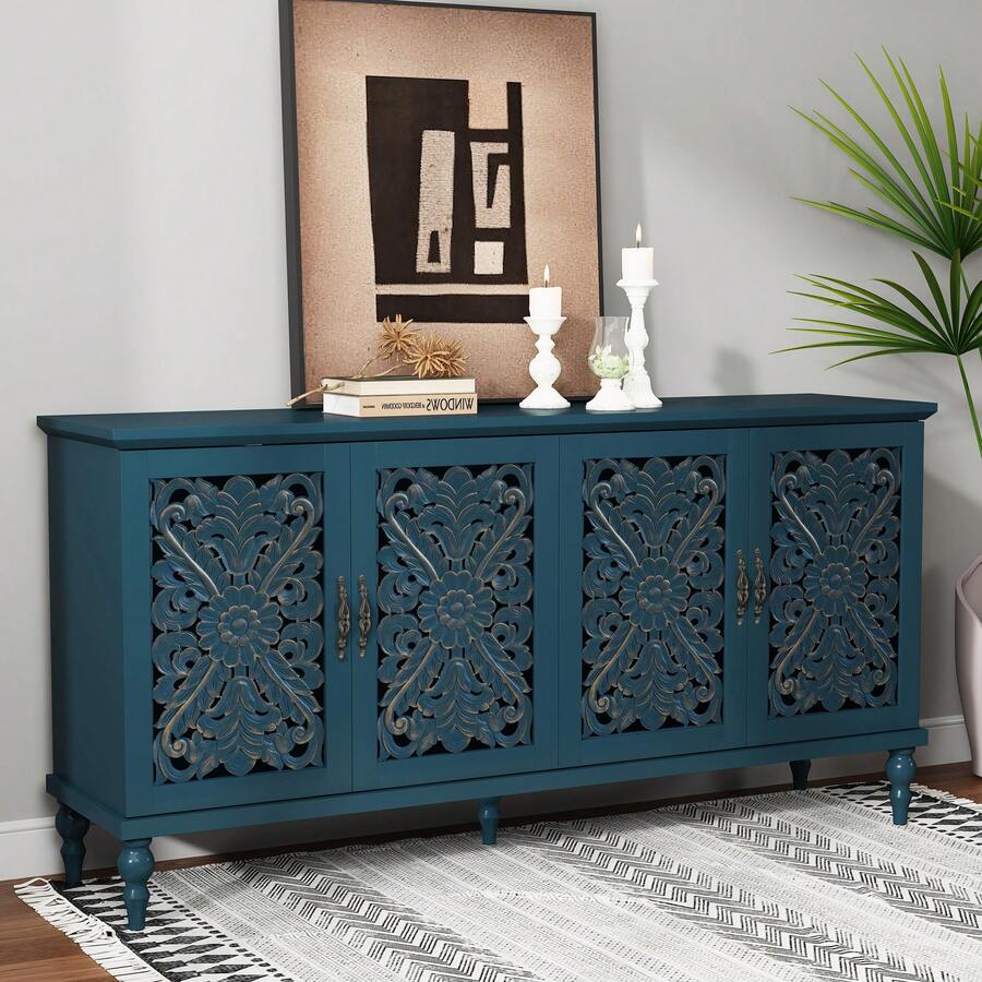 63'' Mid Century Vintage Sideboards Buffets Cabinet With 4 Doors Storage For Kitchen Dining Room, Blue - Blue - View 1