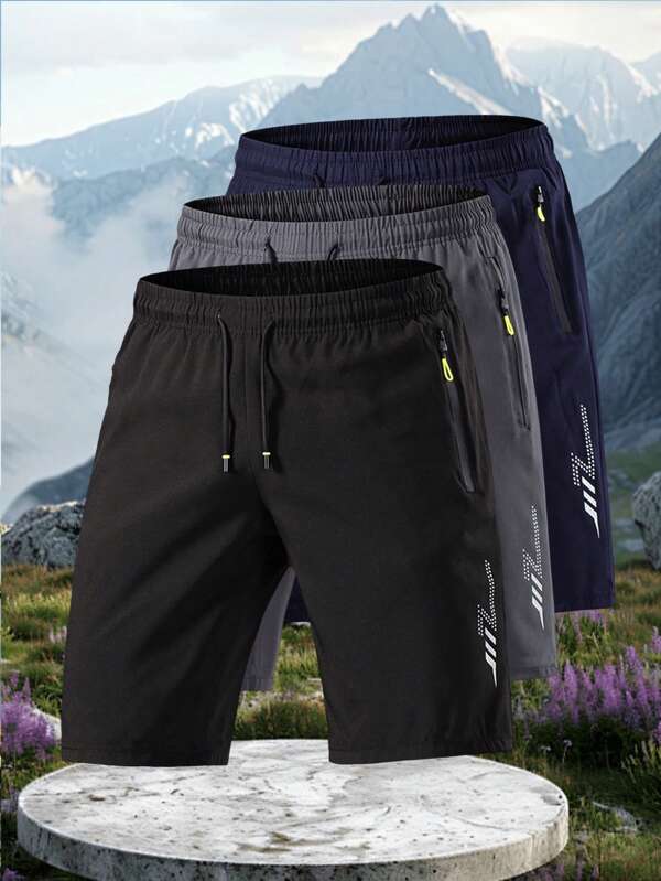 Men's Sporty And Casual Loose Quick-Drying Shorts, With Reflective Strip Design, Pocket, Zipper And Drawstring At The Waist, Suitable For Fitness, Running And Outdoor Activities