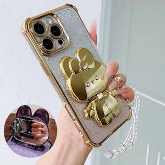 Compatibel met iPhone 6/7/8/X/XS/XR/11/12/13/14/15/16/16e, Galaxy S22/23/24/25/S24 FE/S25 EDGE, A04/05/06/A07/A14/A15/A16/A17/A24/A25/A34, Redmi Note 9/10/11/12/13, Redmi 9/10/12/13C 14C, OPPO, MOTO, Honor X, HW, RENO Realme C53 C55 C61 C63 C75 Vierhoekige glitterhoes voor mobiele telefoon met draaibare beugel, kristallen armband en ingebouwd gradiënt glitterkaartpapier, verwijderbare twee-in-één schaal, waterdicht, schokbestendig, krasbestendig