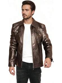 Mens Leather Jacket Motorcycle Black Biker Jackets Vintage Faux Leather Outwear Casual Lightweighthalloween - 棕色 - 查看 8