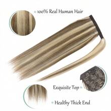 Remy Human Hair Ponytail Extensions, #P8/60 Ombre Gray Brown To Platinum Blonde Straight Hair Ponytail - S8/60 - View 5