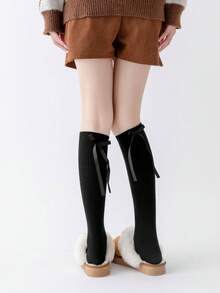 1双女士秋冬过膝袜，加厚保暖，蝴蝶结装饰，红色，舒适 - 彩色 - 查看 12