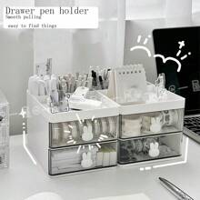 1 pieza Caja de almacenamiento de conejo transparente de escritorio con cajón, portaplumas creativo, gran capacidad para niños, niñas, estudiantes, oficina