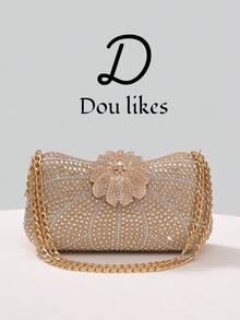 1pc New Luxury Chain Strap Rhinestone Embellished Clutch Bag, Floral Design Handbag, Beaded Evening Purse, Suitable For Women, Especially For Formal Occasions Like Gala, Wedding, Party, Also Can Be A Great Gift For Her