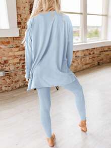 Women's Fall Two-Piece Casual Long-Sleeved Tunic Top And Leggings With Lounge Tracksuit - 淺藍色 - 查看 3