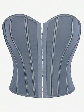 Solid Color Bustier Corset Top, Strapless, Front Button Closure, Waist Cincher, Backless With Ribbon, Suitable For Masquerade, Halloween