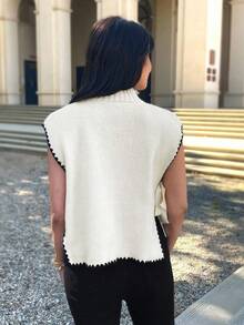 EMERY ROSE 女式秋季休闲拼色侧开衩系带毛衣背心，女式纯色立领侧开衩下摆休闲针织背心，秋冬宽松休闲侧系带毛衣背心，拼色 - 杏色 - 查看 6