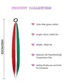 26 Inch High-Temperature Fiber Straight Hair With Elastic Tie, Holiday Red/White/Green Wrap Design, Seasonal Hair Accessory | Fashionable Hair Extensions | Glossy Hair Extensions, Rainbow Ponytail Extensions