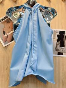 Women's Cropped Blouse With Tie At The Neck - Blue - View 2