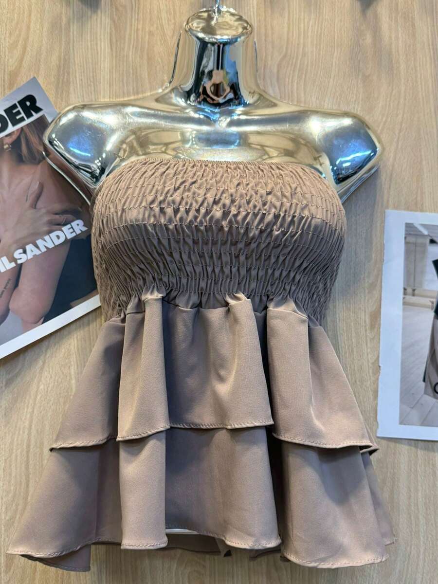 Cropped Elastic Blouse With Ruffle - Beige - View 1