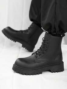 男女通用高帮柔软舒适圆头厚底休闲靴，百搭奢华自然光泽靴（此款尺码偏大，建议选购小一码） - 黑色 - 查看 5