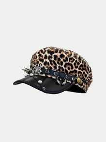 1pc Women Punk Leopard Print Spider Rivet Leather Beret Hat, Suitable For Daily Commute Or Party Halloween