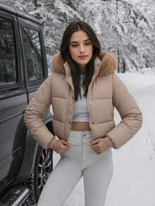 纯色拉链口袋加厚外套，女士适用，适合假日、日常穿着、冬季