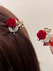 1pc Women's Elegant Red Rose Tassel Crystal Hair Claw Clip, Ideal Gift Hair Clips Hair Jaw Clip Hair Clamps Hair Clutch Hair Catcher Clip