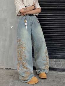 1 chiếc quần jeans ống rộng dáng suông rách rưới, thêu họa tiết phong cách đường phố Mỹ dành cho nam (Sản phẩm không bao gồm thắt lưng và phụ kiện) - Màu xanh lam - Xem 7