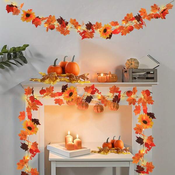 1 pieza 20LED/2M Luces de cadena con forma de hoja de arce, calabaza, girasol, luces de hadas a batería, adecuadas para dormitorio, Halloween, sala de estar, fiesta, boda, hogar, patio, camino, suministros para fiestas, decoración de fiestas, decoración de todas las temporadas, chimenea, decoración [Baterías no incluidas]