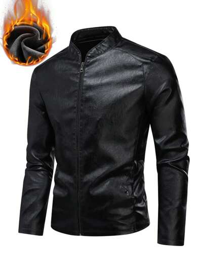 Men's Solid Color Casual Fleece Lined Thickened Leather Jacket