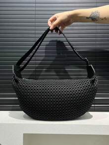 Women's Fashion Nylon Messenger Bag, Large Capacity Solid Color Crossbody Bag, Fixed Shoulder Strap, Polyester Lining, Thickened Casual Handbag - Black - View 6