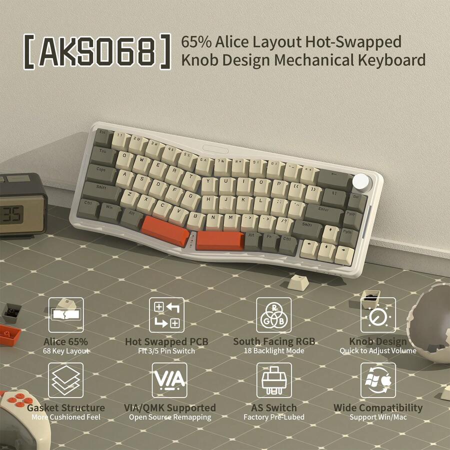 ATTACK SHARK AKS068 Wired Mechanical Gaming Keyboard, 65% Alice Layout, Hot-Swap, Gasket Mount, RGB, VIA Programmable Button, NKRO TKL, Pre-Lubricated Red Linear Switch For PC/Windows - 灰米橘 - 查看 1