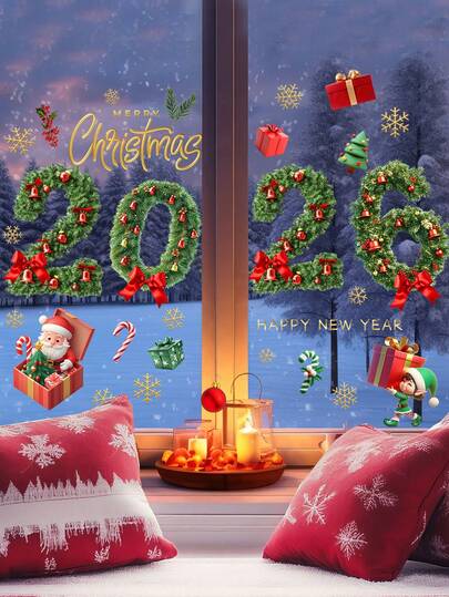 1张可爱卡通圣诞墙贴，经典节日装饰，包含2026数字、圣诞树、圣诞老人、圣诞球、雪花和礼盒图案，家居装饰贴纸，一次性玻璃贴纸，适用于家居、浴室、派对、商店装饰，圣诞装饰房间装饰墙贴，圣诞家居装饰