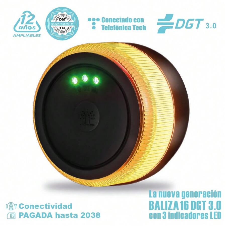Baliza V16 Geolocalización DGT 3.0 mas Avanzada | con 3 Indicadores Led Conexíon | Bateria | GPS Homologada por DGT [SIM y Datos Pagados hasta 2038]