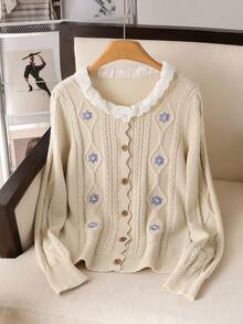 秋季女装，Cottagecore 刺绣粗针织粗线针织开衫，蕾丝花边领口，木质纽扣，宽松版型 Grandma-Core 毛衣开衫，2025 秋季女款乡村针织开衫 - 彩色 - 查看 4