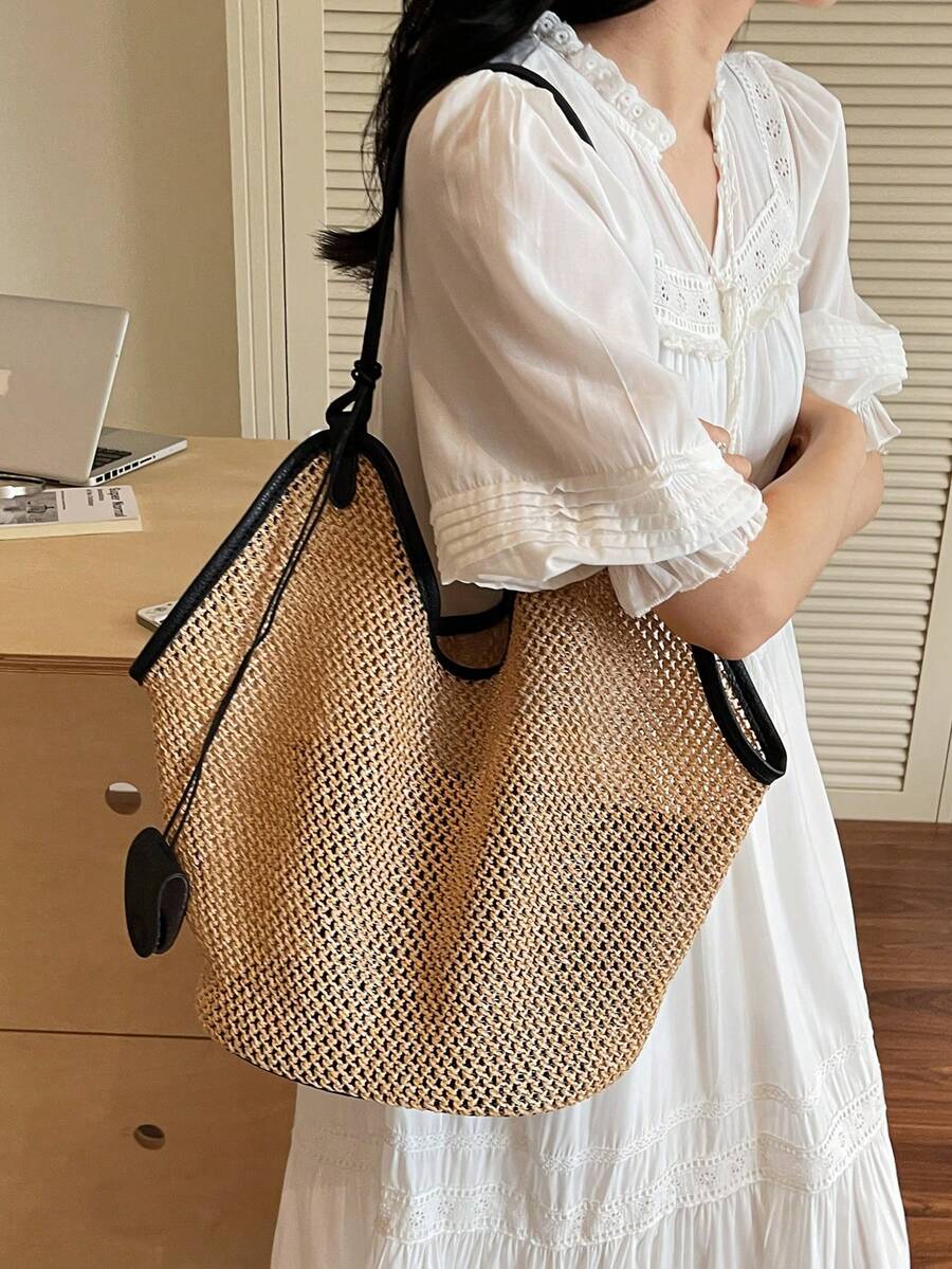 新款时尚大容量编织包，小众设计高品质女士单肩包，休闲日常度假沙滩包，简约百搭工作通勤手提包 - 米色 - 查看 1