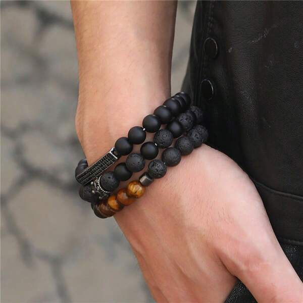 1 Set Of 3pcs Punk Hip-Hop Style Elastic Micro-Inlaid Zirconia Crown, Beaded, Matte Black Iron Stone Bracelet Set, Versatile & Sophisticated For Men