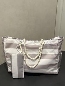 2pcs/Set Women's Waterproof Beach Tote Bag, Zipper Closure, Waterproof & Sand-Proof Design, Random Striped Pattern, Large Capacity, Suitable For Swimming Pool, School, Travel, Work, Vacation, Shopping And Other Occasions - Grey - View 7