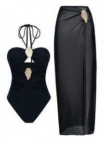 HKGFF-2025 New Black Solid Color Sunsuit Suit Set, Spring And Summer Hanging Neck Metal Two-Piece Set, Sun Protection Function Indoor And Outdoor Swimwear