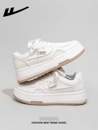  1 par WARRIOR damskor med snörning, vita skateboardskor med tjock sula, låga sneakers för vardagsbruk, andningsbara platta skor för utomhusbruk för sommaren, lätta skateboardinspirerade sportskor, moderiktiga och bekväma canvassneakers för kvinnor
