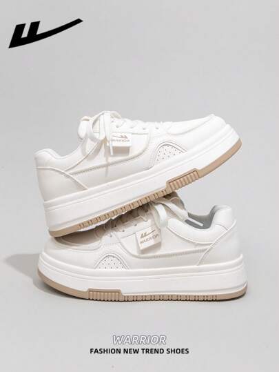  1 Pair WARRIOR Women's Lace-Up White Thick-Sole Skateboard Shoes, Low-Top Casual Sneakers, Breathable Outdoor Flat Shoes For Summer, Lightweight Skateboard-Inspired Athletic Shoes, Fashionable & Comfortable Canvas Sneakers For Women