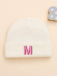 1 peça de gorro de malha branca com estampa de letras rosa bebê, moderno e fofo, macio e confortável, quente, adequado para bebês de 0 a 6 meses, uso diário no outono/inverno