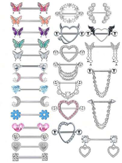 2 piezas Anillos para pezones de mujer de 14G, conjunto de anillos de barra con corazón de circonita cúbica y mariposa de acero quirúrgico, joyería de perforación corporal linda, barra de 16mm, regalo para el Día de San Valentín, Día de la Madre