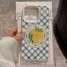 1pc TPU Material Elegant Yellow Lemon & Blue Plaid Pattern Phone Case, Compatible With IPhone/ Phones - White - View 2