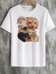 Men's Funny Cat Shouting Graphic T-Shirt - Viral Cartoon Print Retro Style Round Neck Short Sleeve Tee, Breathable Summer Casual Top For Daily Wear & Gifts, Cat Tshirt, Gift Idea Shirt, Comfortable Fit Shirt - 白色 - 查看 2