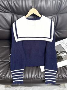 Navy Collar Bow Knit Cardigan, Versatile School Style Sweater