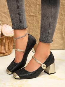 女士时尚粗跟玛丽珍高跟鞋，仿珍珠装饰缎面拼接新传统复古风格高跟鞋 - 黑色 - 查看 1