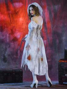 Halloween Cosplay  Bride Costumes For Women, Gothic Victorian Bloody Off Shoulder Long Sleeve Dress Outfits,Halloween Costumes Women, Summer Dresses For Women Vestidos Elegantes Para Mujer, Dresses For Women Elegant, Cruise Outfits Women, Fall Outfits For Women, Fall Clothes For Women - White - View 8