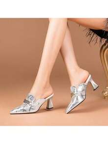 Soft Leather Closed-Toe Chunky Heel Sandals For Women, Summer Outdoor Fashion Snake Print Color Block Versatile Mid-Heel Sandals, Plus Size Half Slippers - Silver White [HH-900002] - View 1