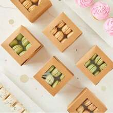50pcs Kraft Paper Square Cake Boxes, Hollow Window Paper Boxes For Candy, Macarons, Donuts, White