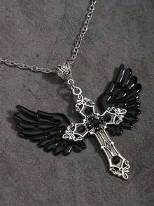 Dây chuyền thánh giá đính đá phong cách Gothic cổ điển mới ngọt ngào Y2K Baddie cánh thiên thần, Dây chuyền áo len Hip Hop dành cho nữ, Dây chuyền thánh giá tối giản - Bạc - Xem 4