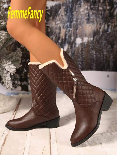 Women's New Winter Outdoor Vacation Fashion Elegant Leather Mid-Calf Snow Boots, Warm Thermal Lined Thick Comfortable Tall Black Boots, Slip-On Brown Tall Boots, Snow Boots With Crystal And Metal Tassel Pendant Decor