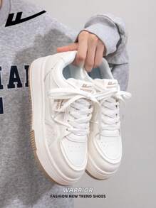 1 双 WARRIOR 女式系带白色厚底滑板鞋，低帮休闲运动鞋，夏季透气户外平底鞋，轻便滑板风格运动鞋，时尚舒适的女士帆布运动鞋